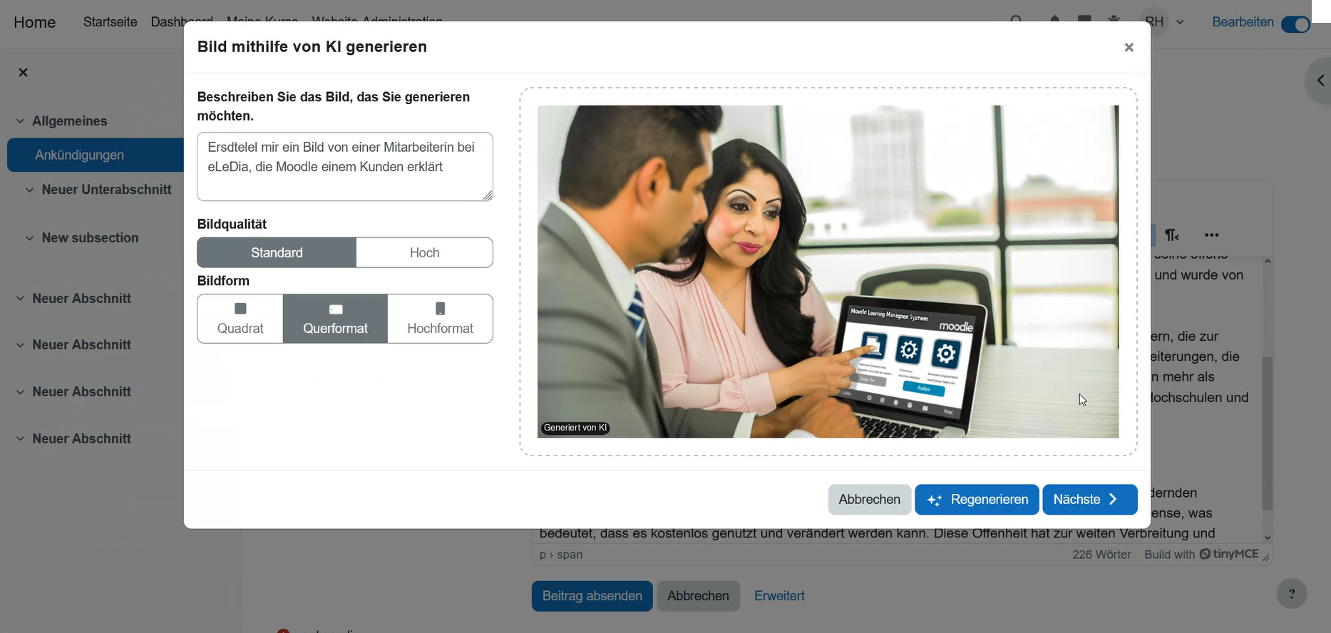 Screenshot der Funktion KI-Bild erstellen im Moodle Editor Screenshot der Funktion KI-Bild erstellen im Moodle Editor